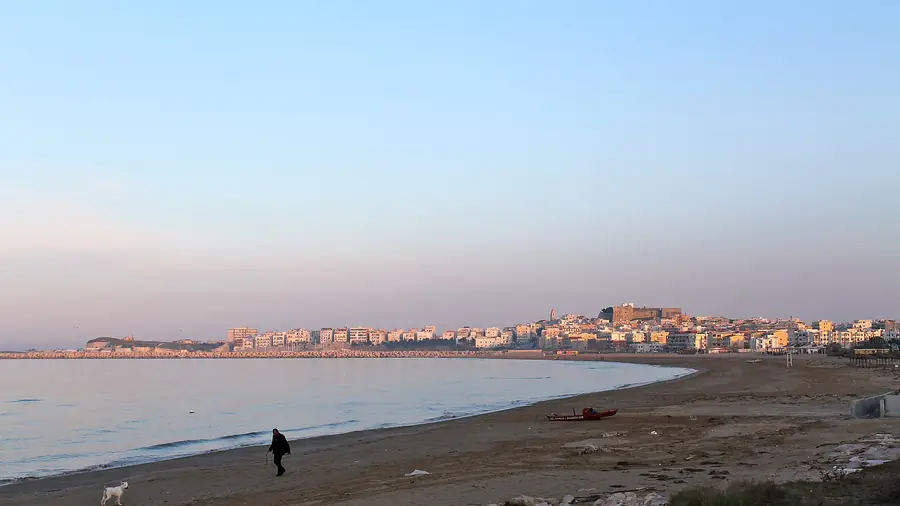 Spiaggia deserta con una persona che cammina e un cane, con il mare e la città sullo sfondo.
