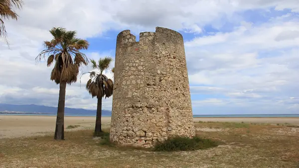 Torre costiera con palme e spiaggia sullo sfondo