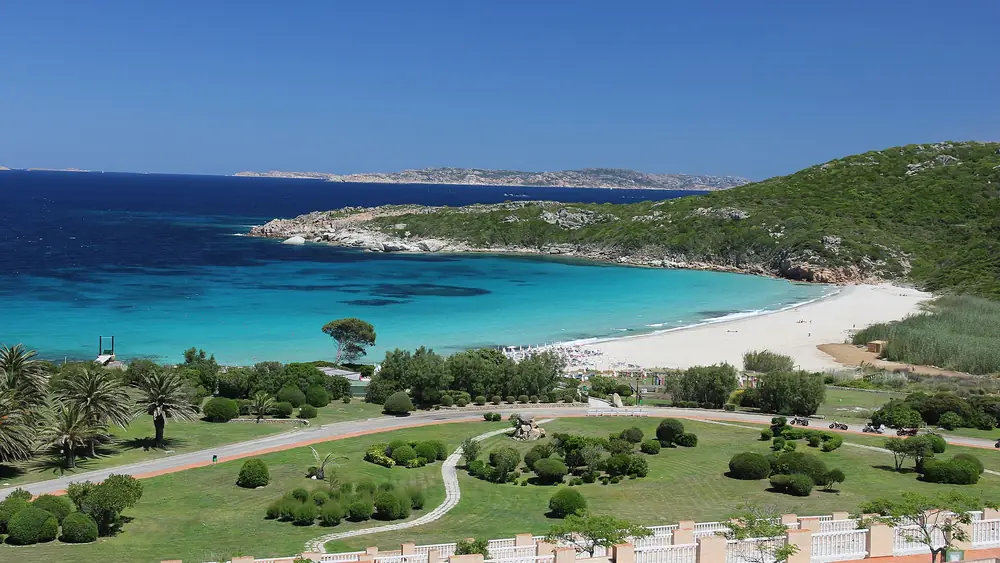 Spiaggia con acqua turchese e cielo blu, circondata da vegetazione verde e palme.